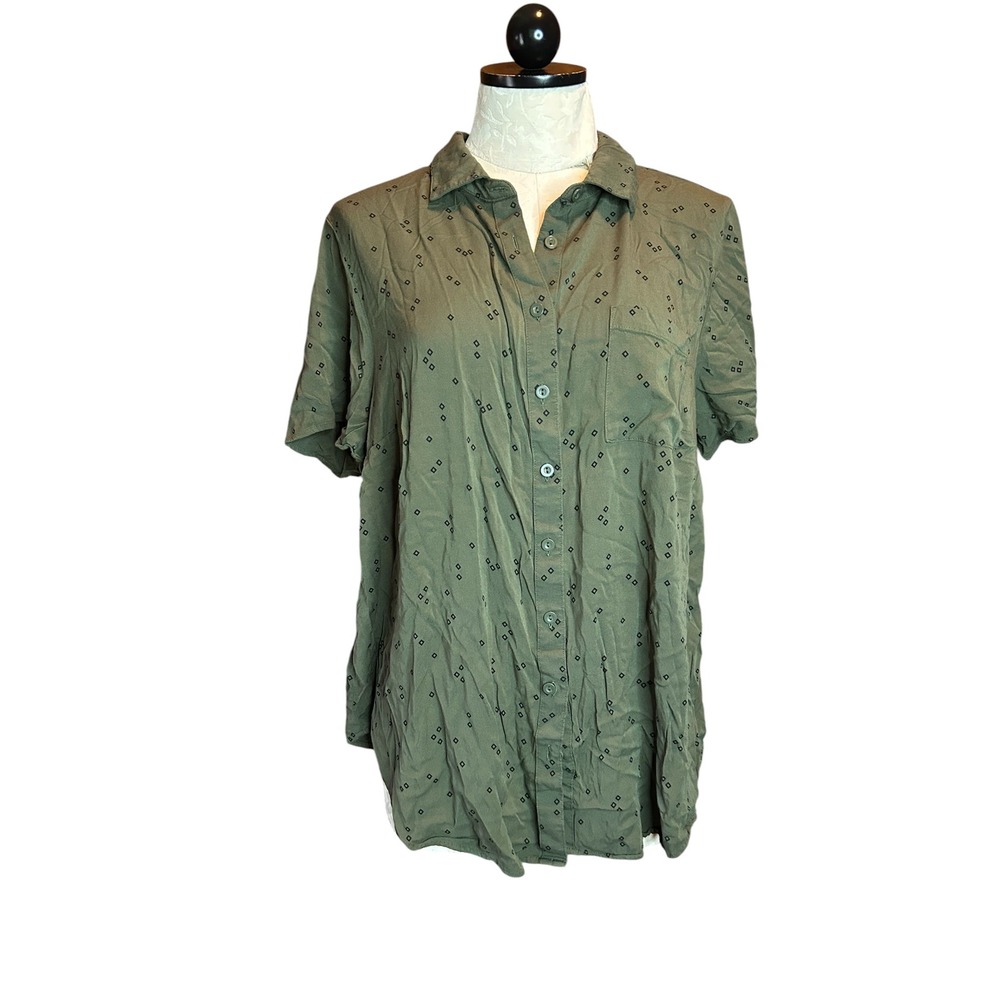 Torrid‎ Olive Retro Artsy Print Button Down Shirt Short Sleeve Plus Sz1 (1X)
